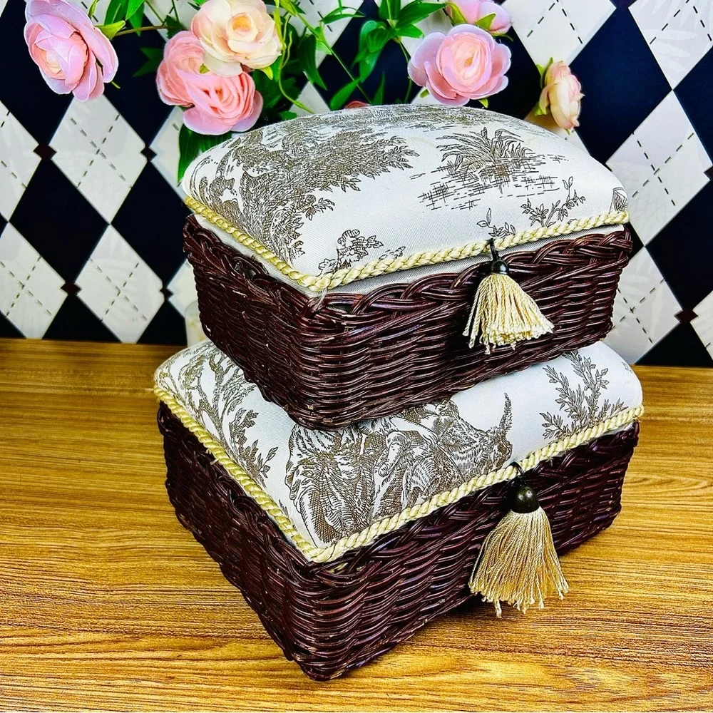 French‎ Country Toile Boxes Wicker Lined Tassel Pair Vintage Luxury